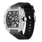 Luxury motorsport-inspired skeleton watch with clear case, black rubber strap, and visible gears