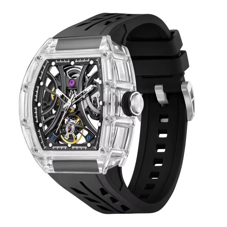 Luxury motorsport-inspired skeleton watch with clear case, black rubber strap, and visible gears