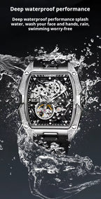 Motorsport-inspired luxury skeleton watch with diamond bezel, waterproof, in water splash