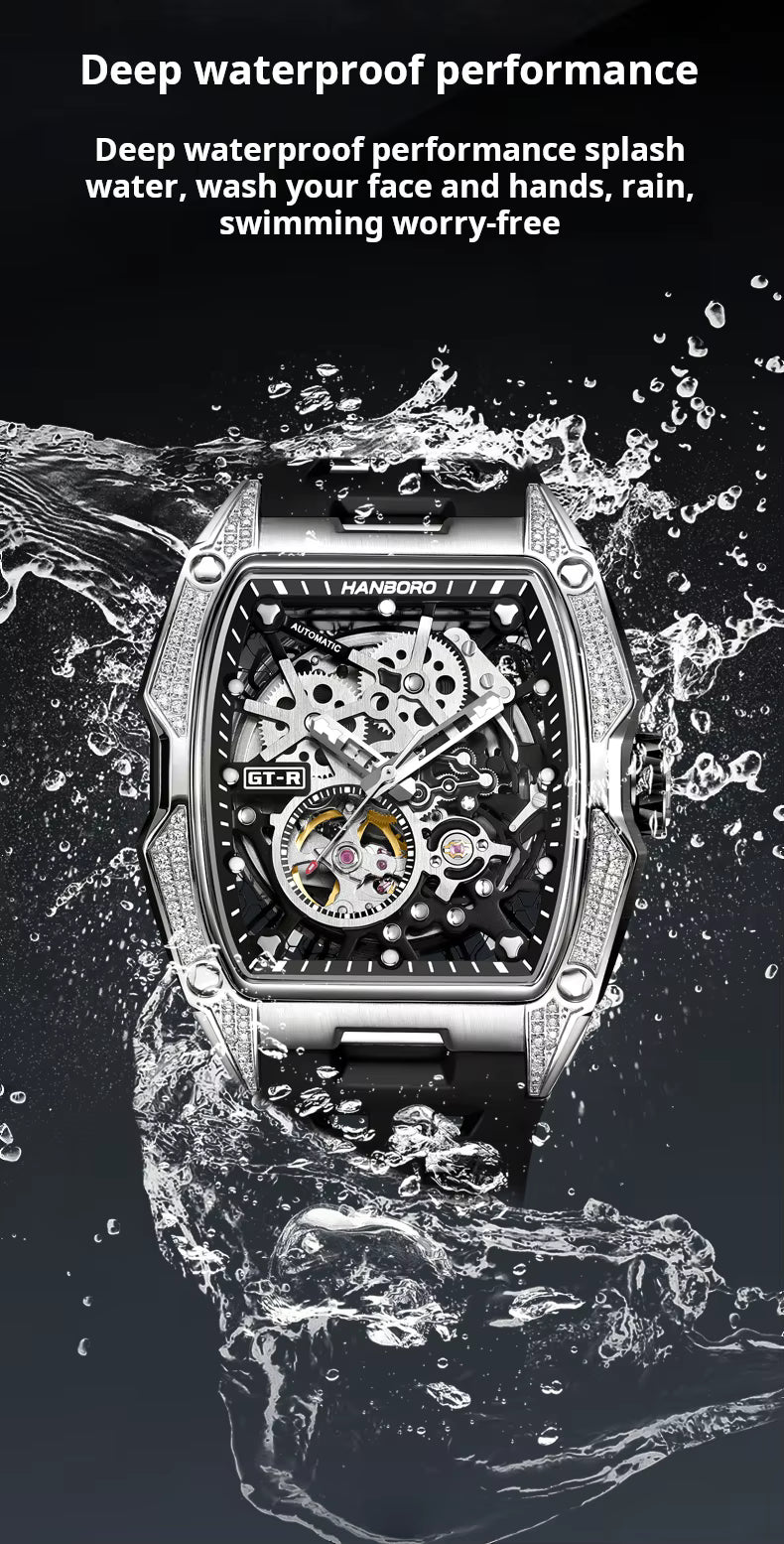 Motorsport-inspired luxury skeleton watch with diamond bezel, waterproof, in water splash