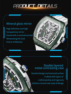 Green and silver motorsport-inspired watch with mechanical dial and double-layered metal case
