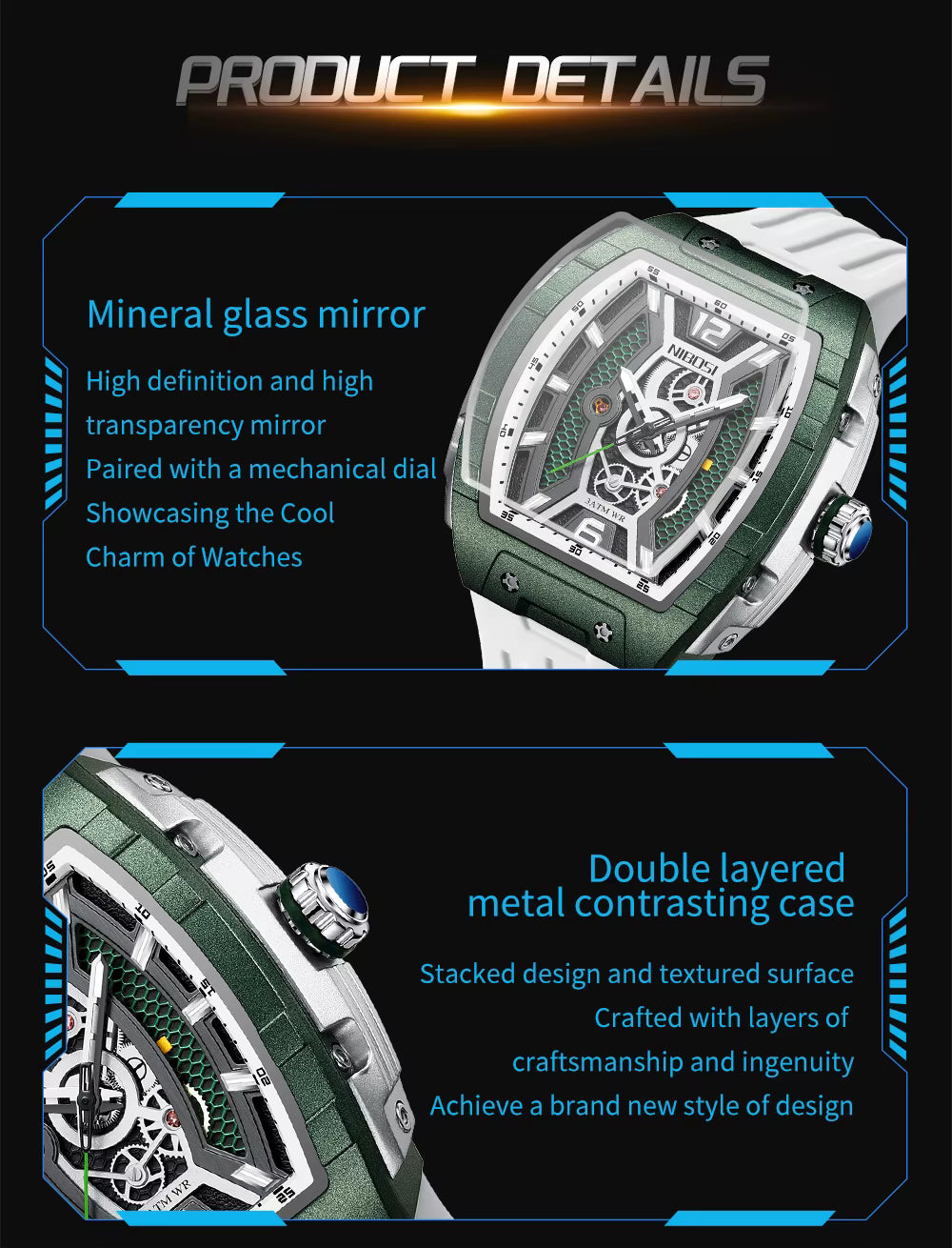 Green and silver motorsport-inspired watch with mechanical dial and double-layered metal case