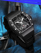 Black sporty automatic watch with skeleton dial and bold case, inspired by motorsport design