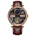 Skeleton dial luxury watch with brown leather strap, gold case, and musical note design