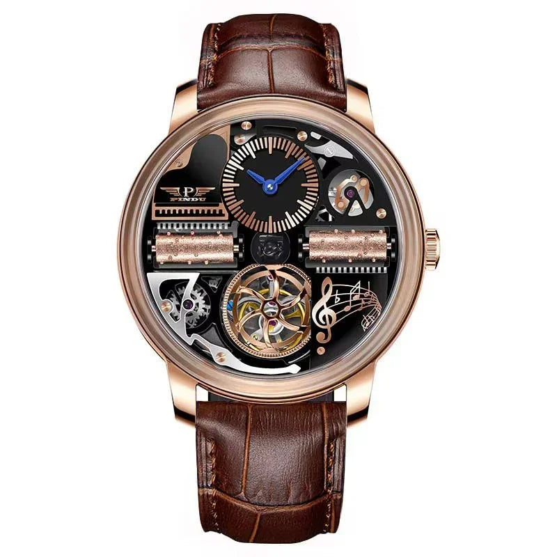 Skeleton dial luxury watch with brown leather strap, gold case, and musical note design