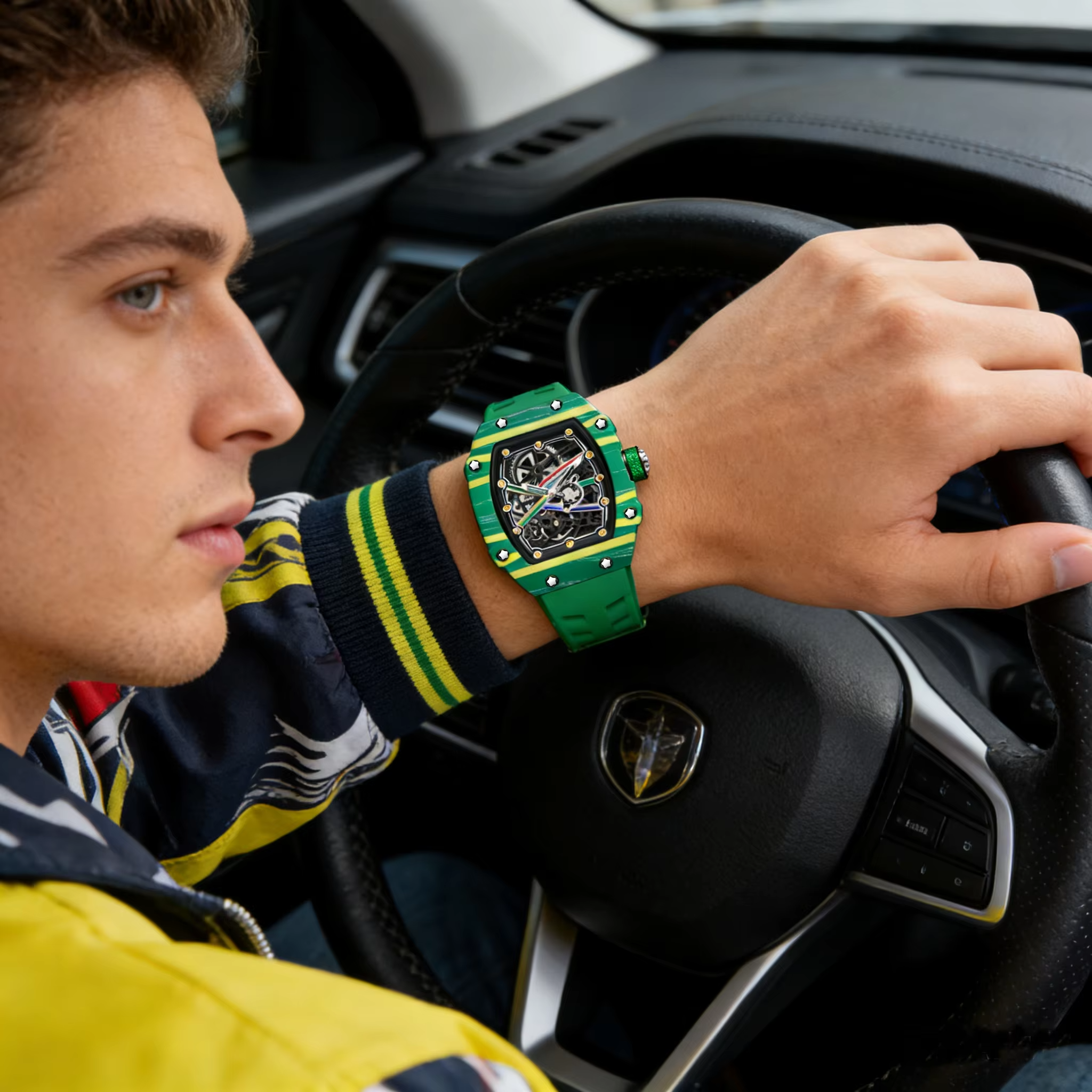 Green and yellow racing-inspired luxury watch on wrist, driving sports car — bold sport-luxury style