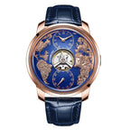 Luxury sport-inspired blue dial watch with gold world map design and blue leather strap