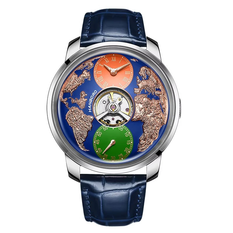 Luxury motorsport-inspired watch with intricate world map dial, bold blue strap, and dual subdials