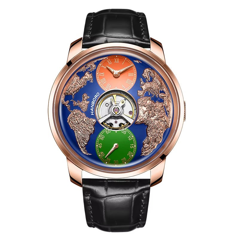 Luxury sport-inspired watch with world map dial, rose gold case, and black leather strap