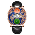 Luxury sport-inspired watch with world map dial, rose gold case, and black leather strap