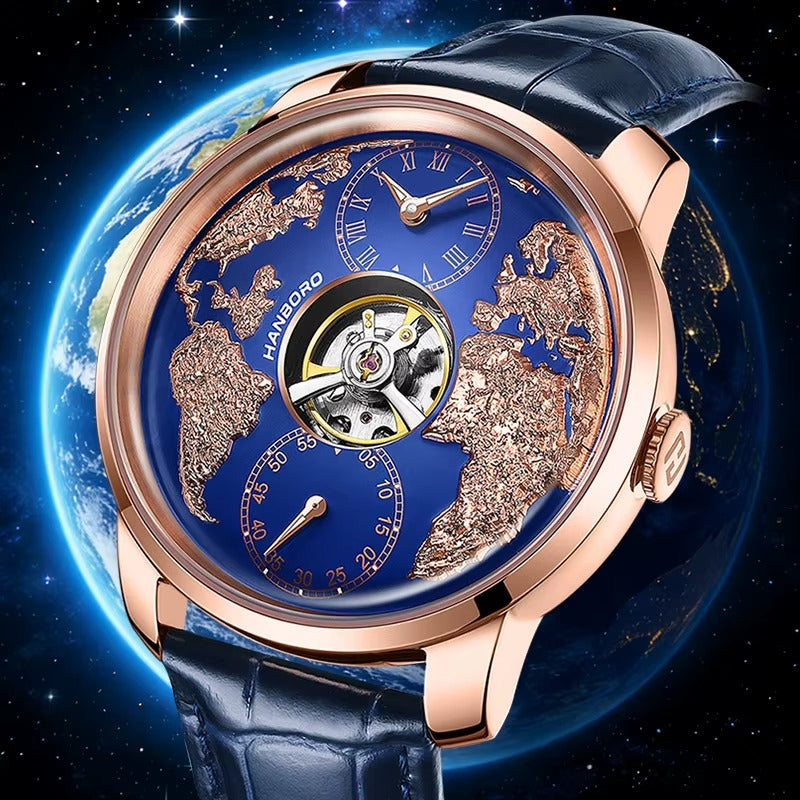 Luxury motorsport-inspired watch with rose gold case, blue dial, and world map design
