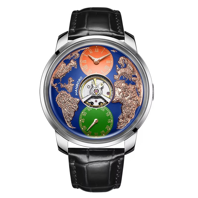 Luxury racing-inspired men's watch with globe dial, multicolor subdials, and black leather strap