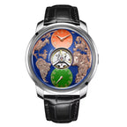 Luxury racing-inspired men's watch with globe dial, multicolor subdials, and black leather strap