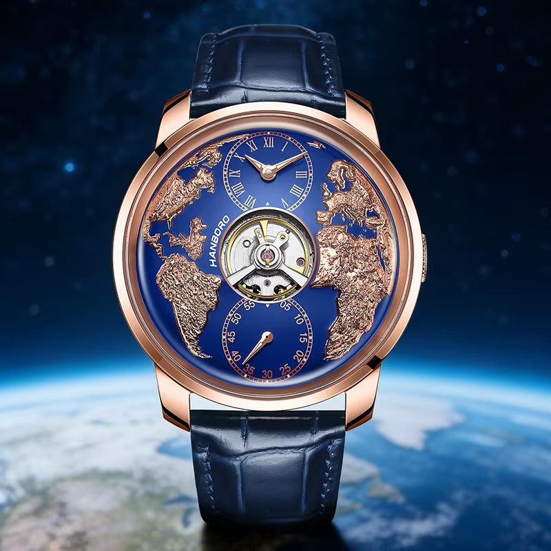 Luxury blue and gold world map watch with a mechanical open-heart dial, European sport-inspired design.