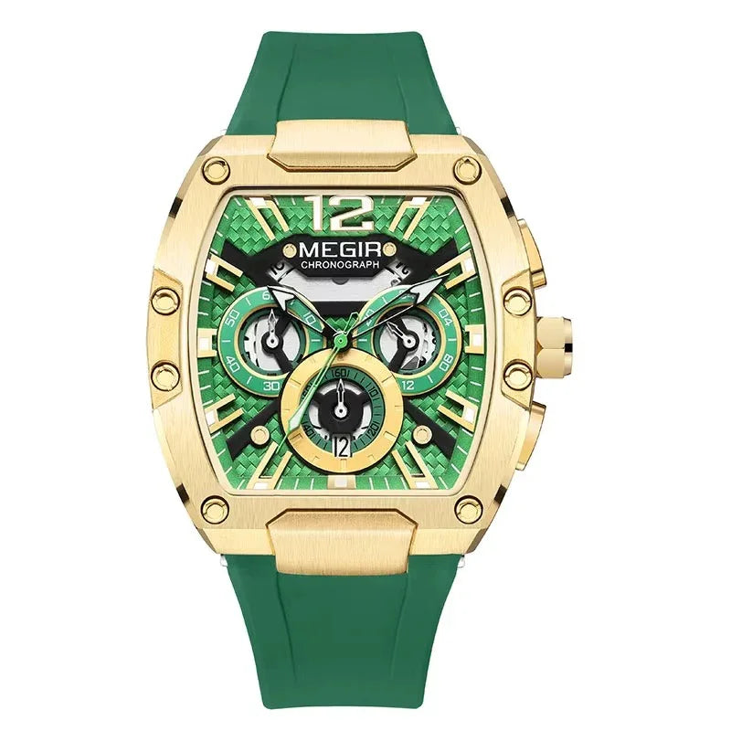 Gold and green tonneau chronograph watch with sport-luxury design and bold motorsport styling