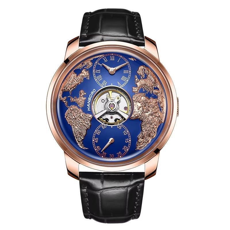 Luxury sport-inspired watch with blue dial, rose gold world map details, and black leather strap