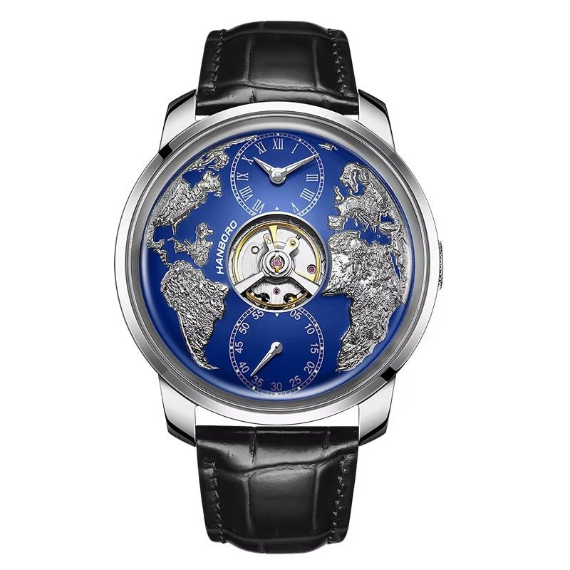Luxury watch with blue dial, raised world map details, black leather strap, motorsport-inspired design