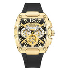 Gold racing-inspired chronograph watch with black rubber strap, bold dial and sporty design
