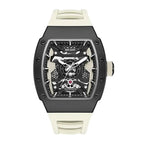 Motorsport-inspired luxury watch with tonneau case, skeleton dial, and white strap