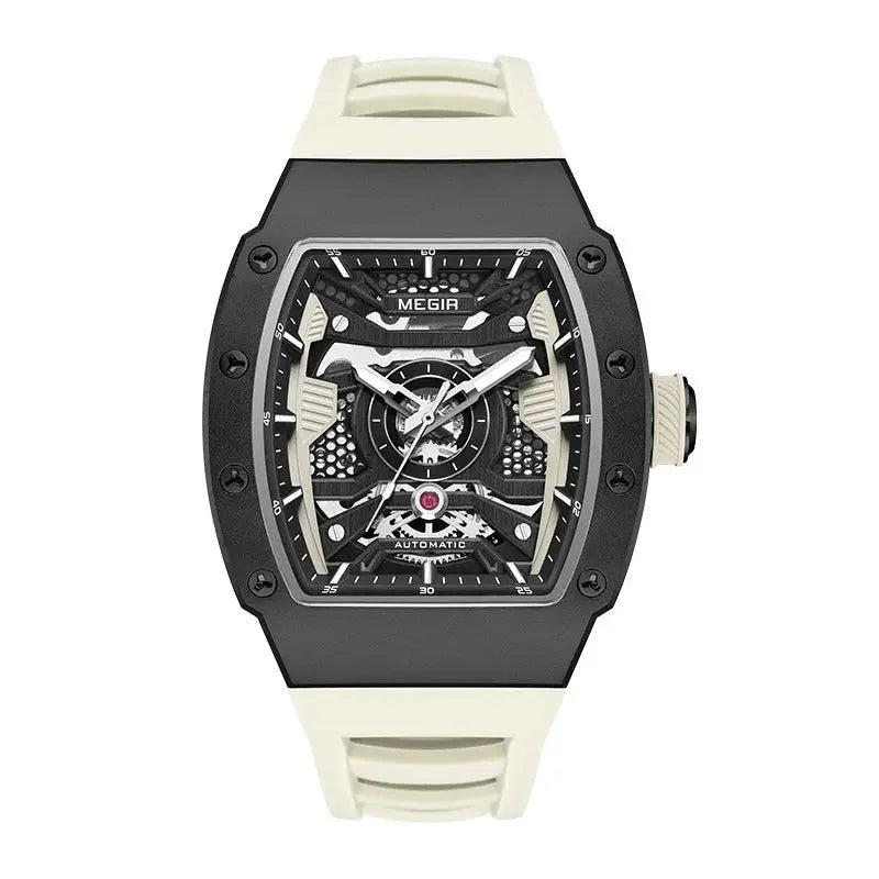 Motorsport-inspired luxury watch with tonneau case, skeleton dial, and white strap