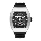 Racing-inspired automatic watch with tonneau case, skeleton dial, and black rubber strap