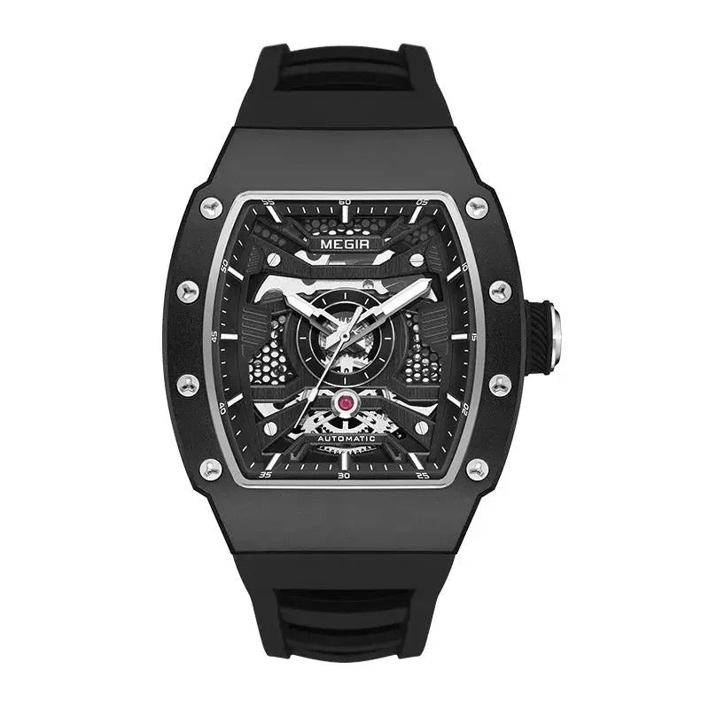 Luxury racing-inspired black skeleton watch with tonneau case, automotive accents, and bold dial