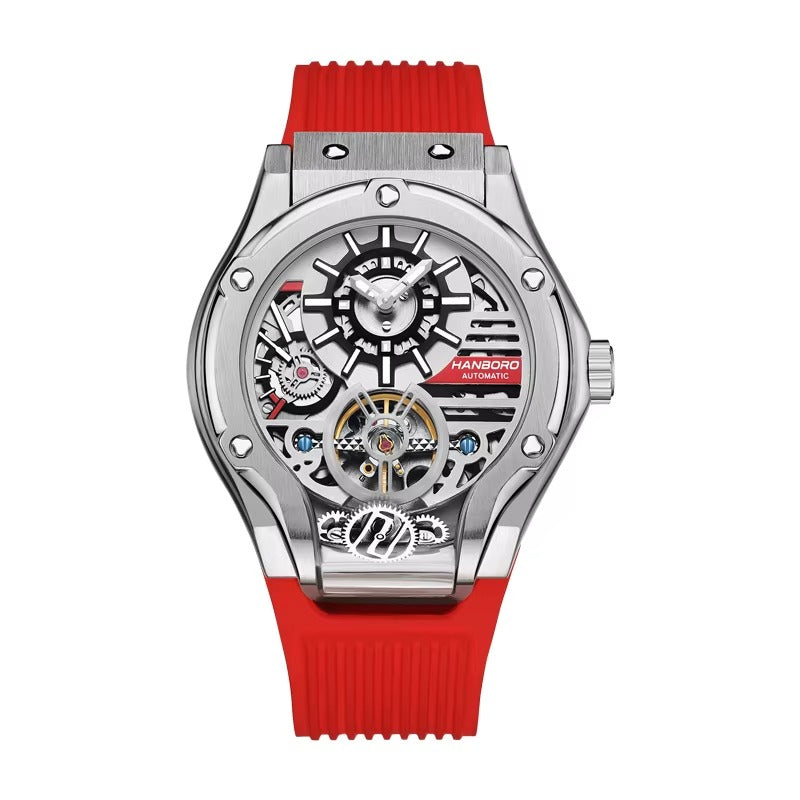 Luxury racing-inspired skeleton watch with red rubber strap and exposed automatic movement