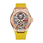 Luxury motorsport-inspired skeleton watch with rose gold case and yellow strap, automatic movement