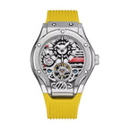 Motorsport-inspired skeleton watch with silver case, exposed gears, and yellow rubber strap