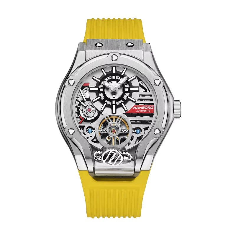Motorsport-inspired skeleton watch with silver case, exposed gears, and yellow rubber strap